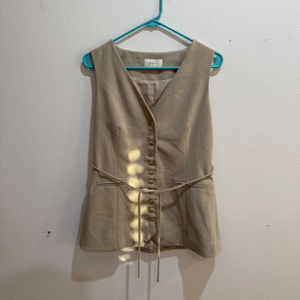 DISSH Beige Tailored Longline Vest V-Neck Button Front Waist Tie Size US 4 AU 8
